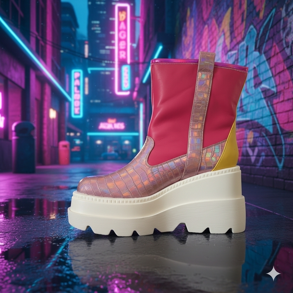 Platform Ankle Boot in Pink and Yellow - Women's Fashion Boot